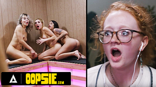 OOPSIE – Horny Cis Babe’s Sneaky Handjob In Sauna Sparks Wild Trans Threesome, Caught By Janitor
